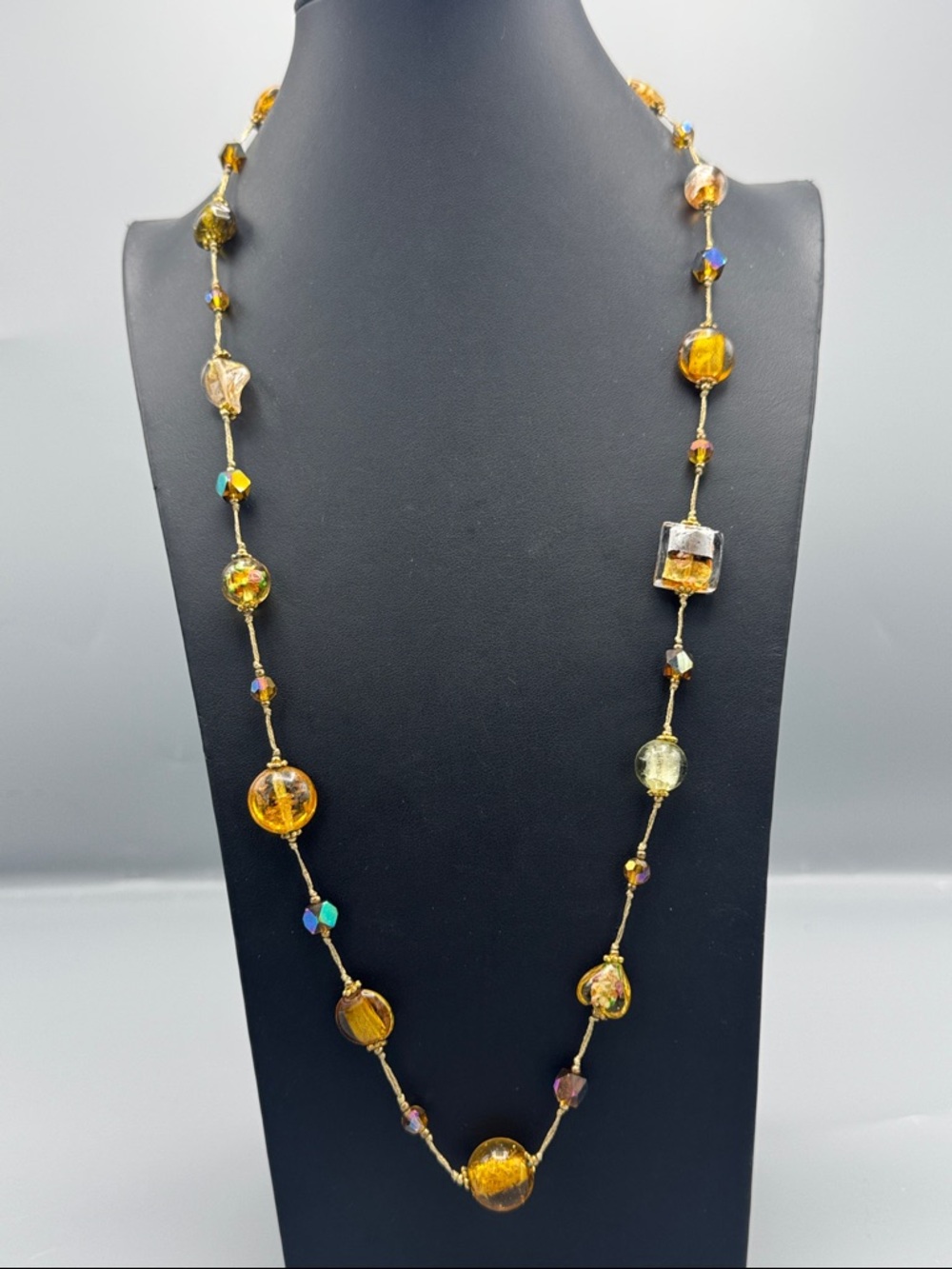 Gold-Tone Amber Glass Bead Long Necklace